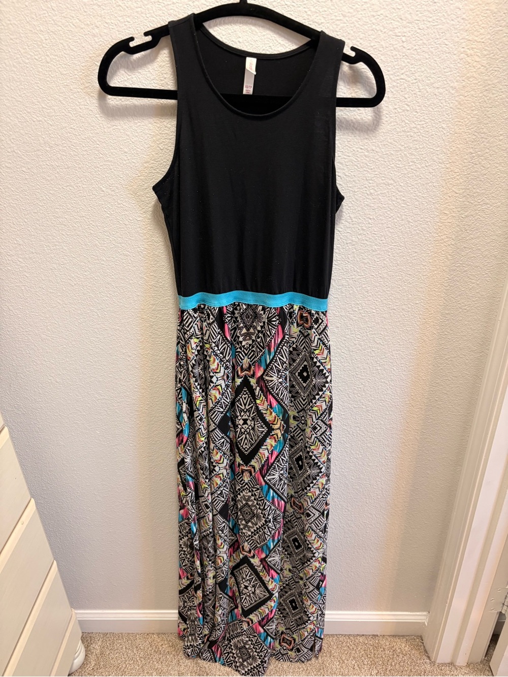 Xhilaration Black Tank Maxi Dress with Teal Waist and Multicolor Geometric Skirt
